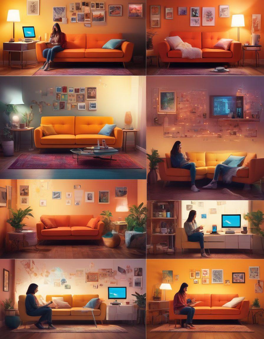 A collage showing a vibrant journey through niche blogging, featuring a split scene with one half depicting a cozy lifestyle blog setting with warm colors, soft cushions, and a steaming coffee cup, while the other half showcases sleek tech gadgets, circuit boards, and digital graphs. Diverse characters engage on each side, representing different audiences. Blend both worlds seamlessly with a bright, inviting atmosphere. colorful illustration. vibrant colors. soft light.