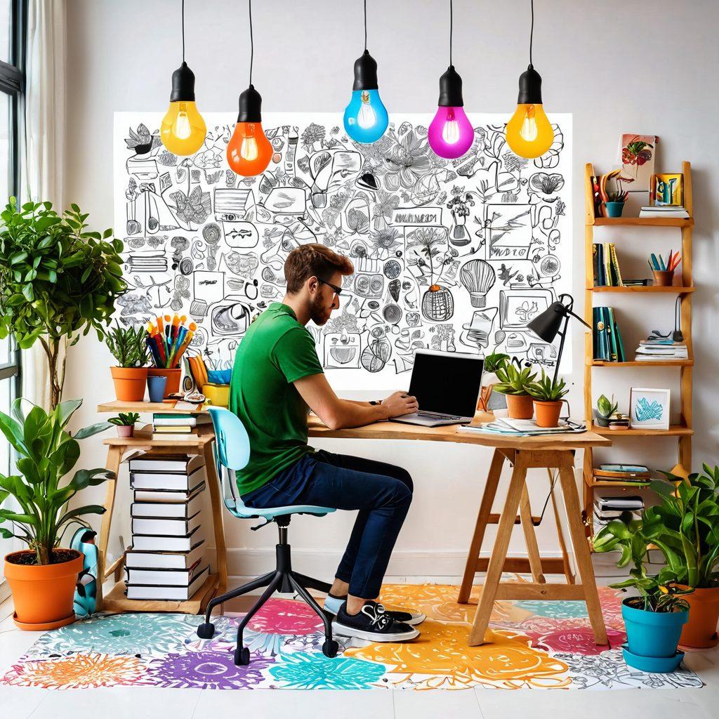 A vivid scene of a person sitting at a desk surrounded by colorful ideas and creativity bursting into the air, with light bulbs and doodles representing innovative thoughts. There's a laptop open displaying a blog page, while plants and art supplies add to the vibrant atmosphere. The background showcases a blend of inspiration sources like books and artworks. super-realistic. vibrant colors. white background.