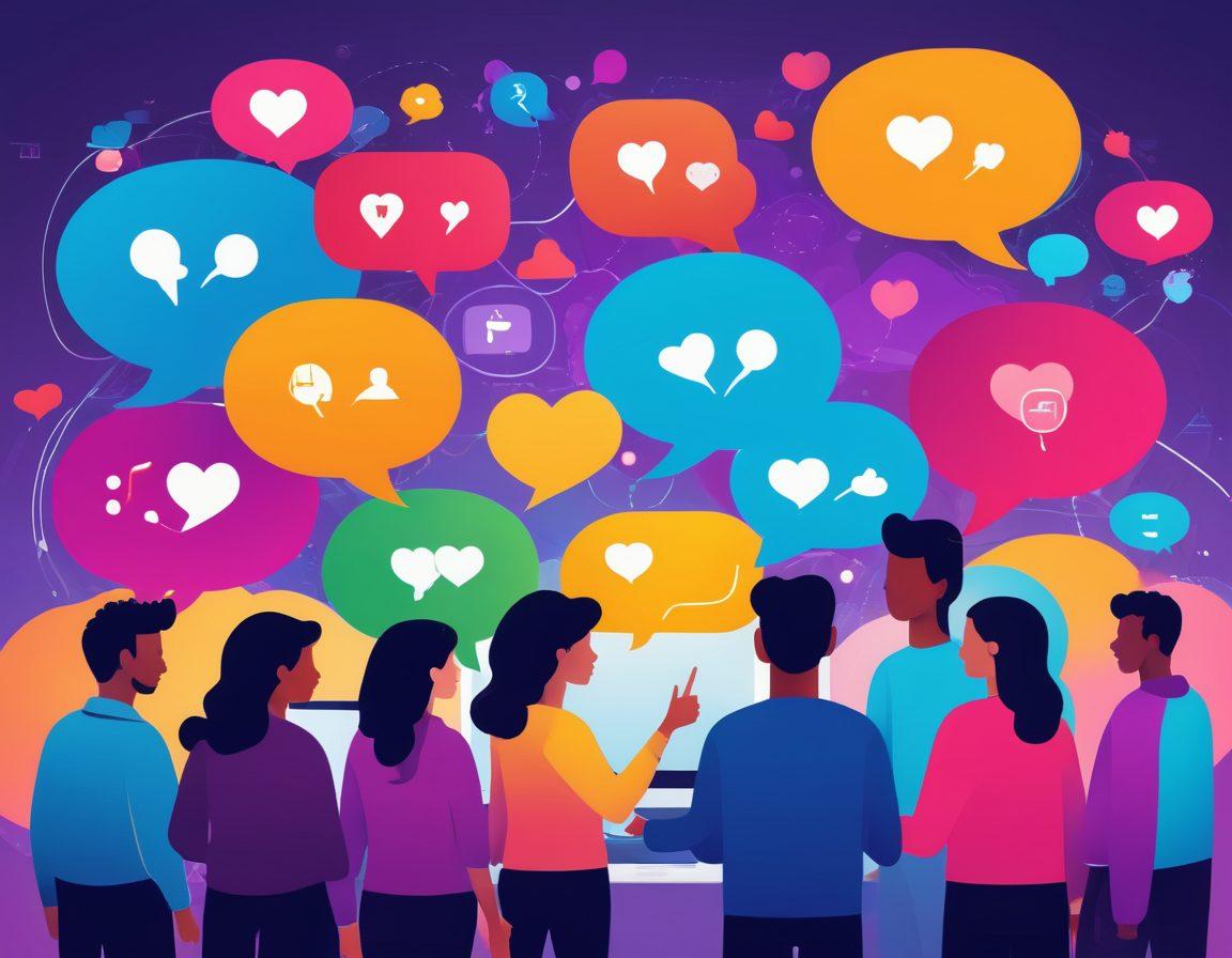 An illustration depicting a diverse group of people engaging in a lively online discussion, surrounded by digital communication tools like chat bubbles, icons representing collaboration tools, and a vibrant background of a network connecting them. Include elements that symbolize engagement, such as hearts and thumbs-up icons. The overall scene should convey a sense of community and collaboration in a modern online environment. vibrant colors. digital art.
